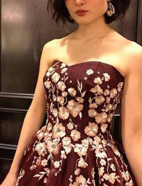 Strapless Burgundy Sleeveless Long Prom Dress With Appliques Okh36 Okdresses 6393