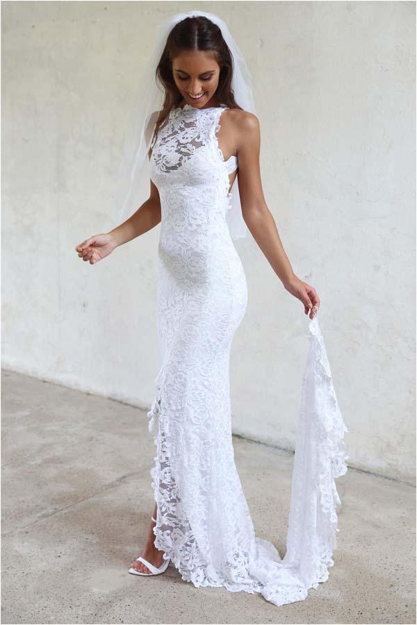 White High Neckline Lace Backless Mermaid Wedding Dresses Court Train ...