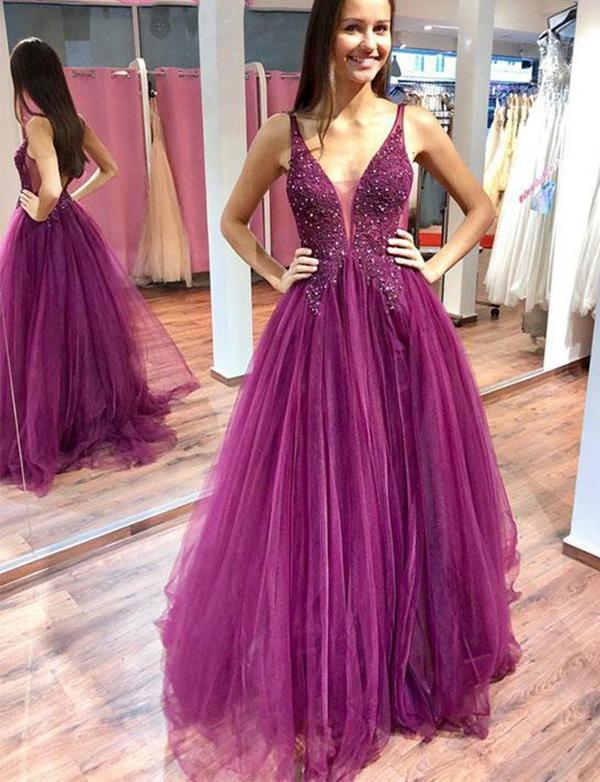 A Line Purple Tulle Beading Long Prom Dresses with Appliques OKH93 ...