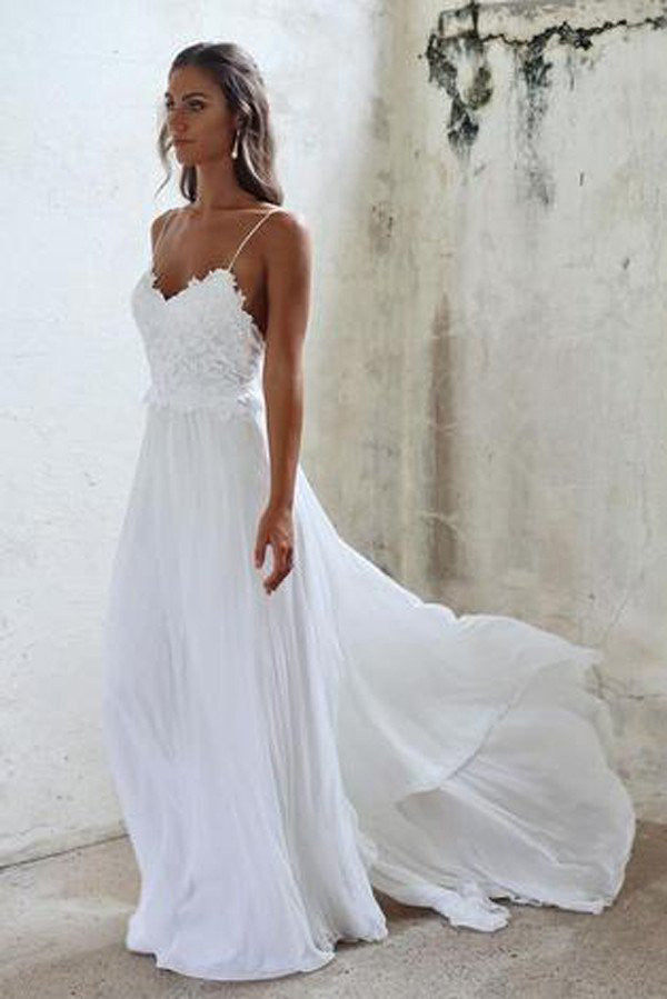 Beautiful A Line Lace Long White Spaghetti Straps Beach Wedding Dress Okdresses