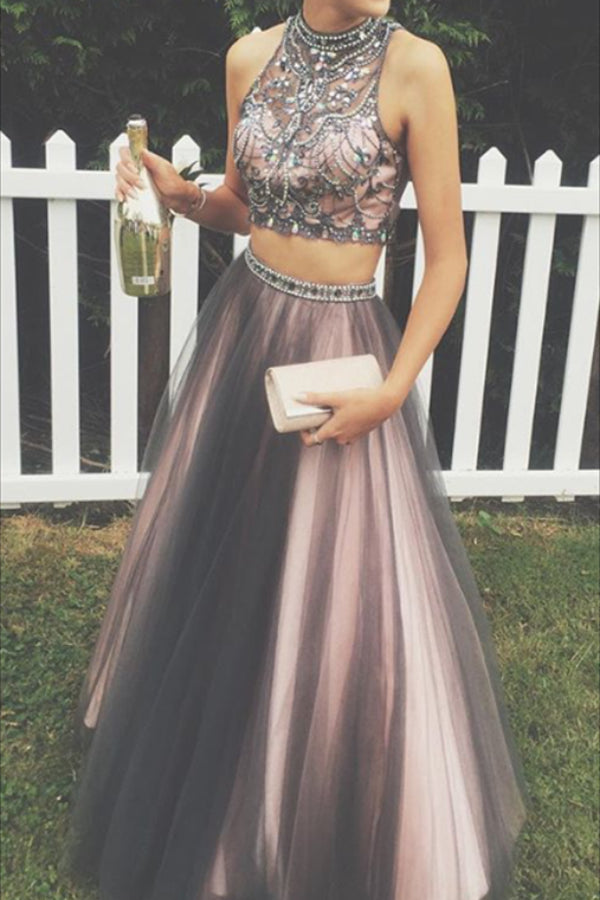 Lovely Two Pieces Colorful Beading A-line Long Prom Dresses – Okdresses