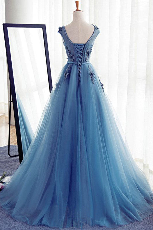 Charming Long Tulle Handmade A Line Blue Prom Gowns,Formal Women Dress ...