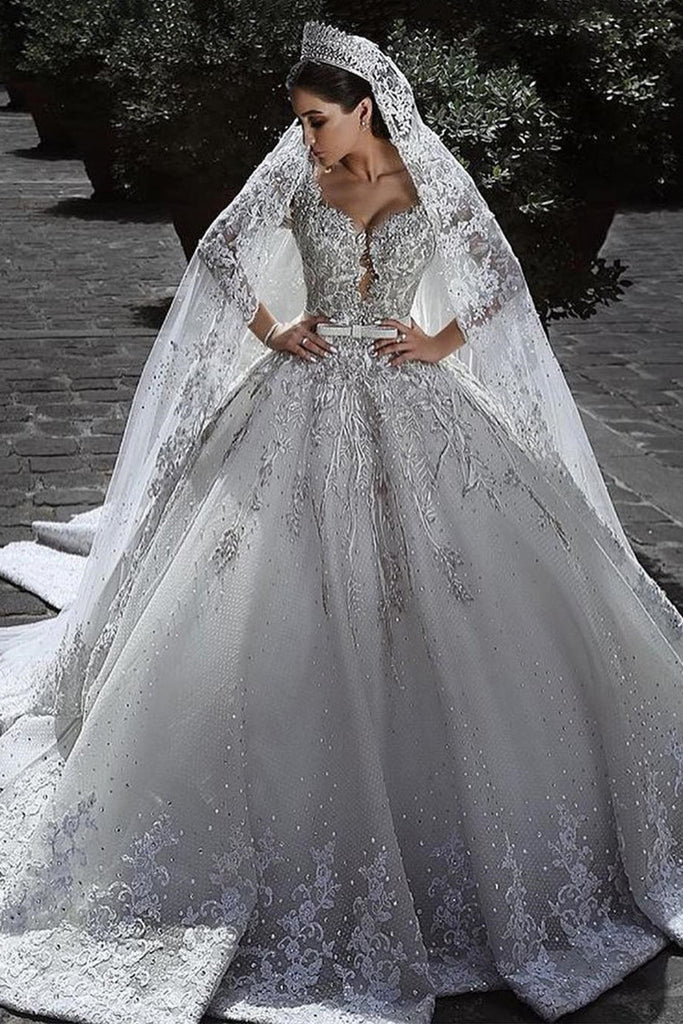 Princess Long Sleeves A Line Ball Gown Wedding Dresses With Applique