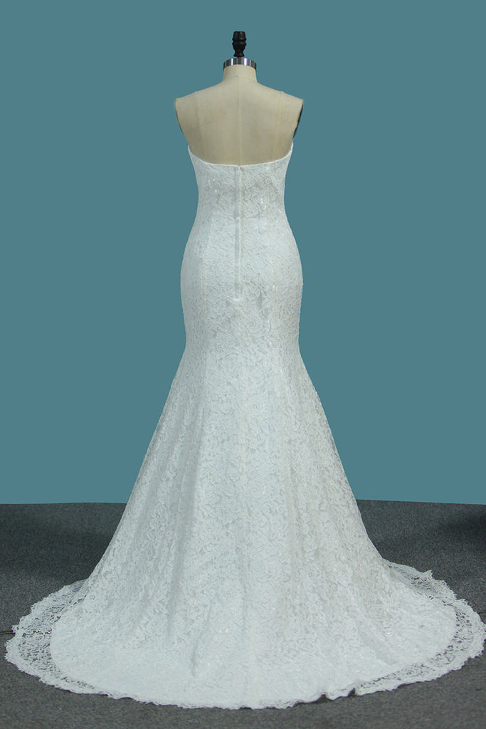 Charming Lace Mermaid Sweetheart Sweep Train Wedding Dresses OKE72 ...