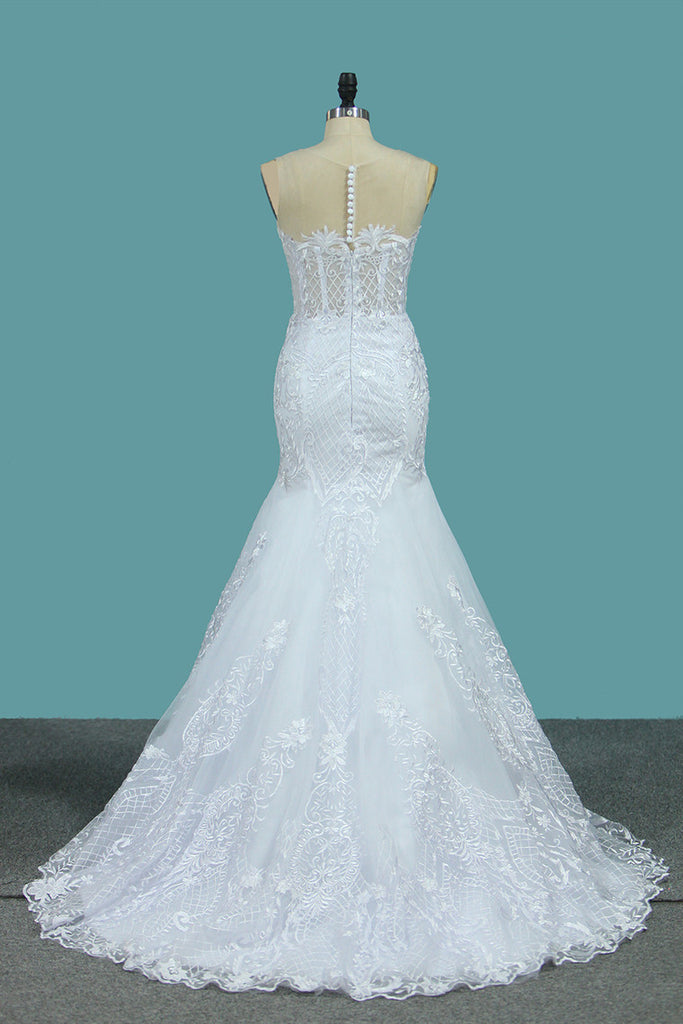 New Arrival Tulle Scoop Wedding Dresses Mermaid With Lace Applique ...