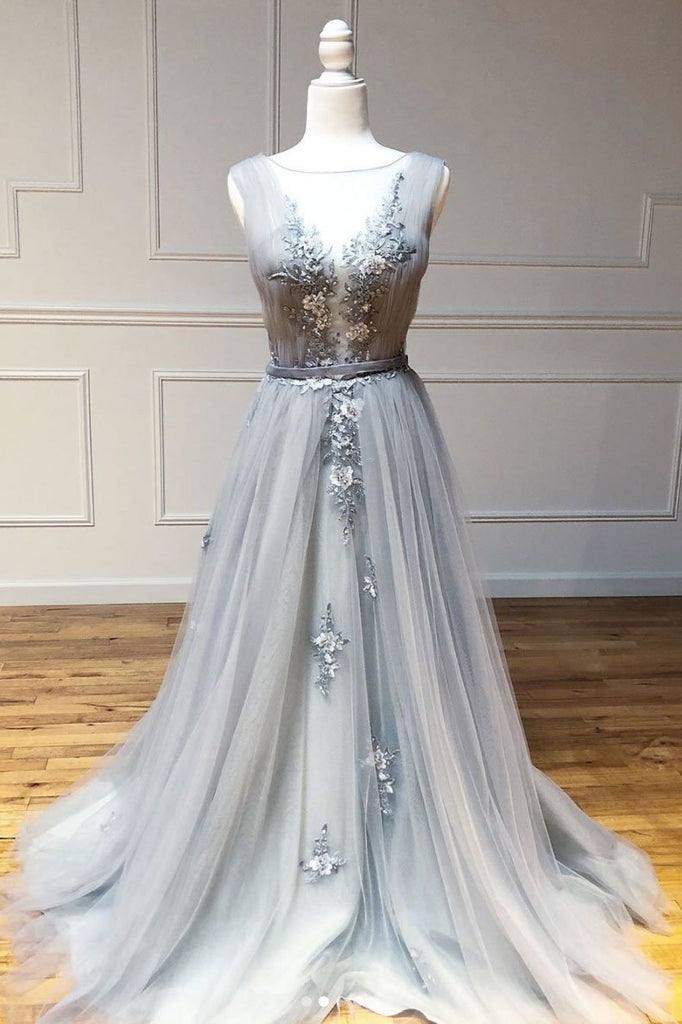 Gray A Line Round Neck Appliques Tulle Long Prom Dress Evening Dress ...