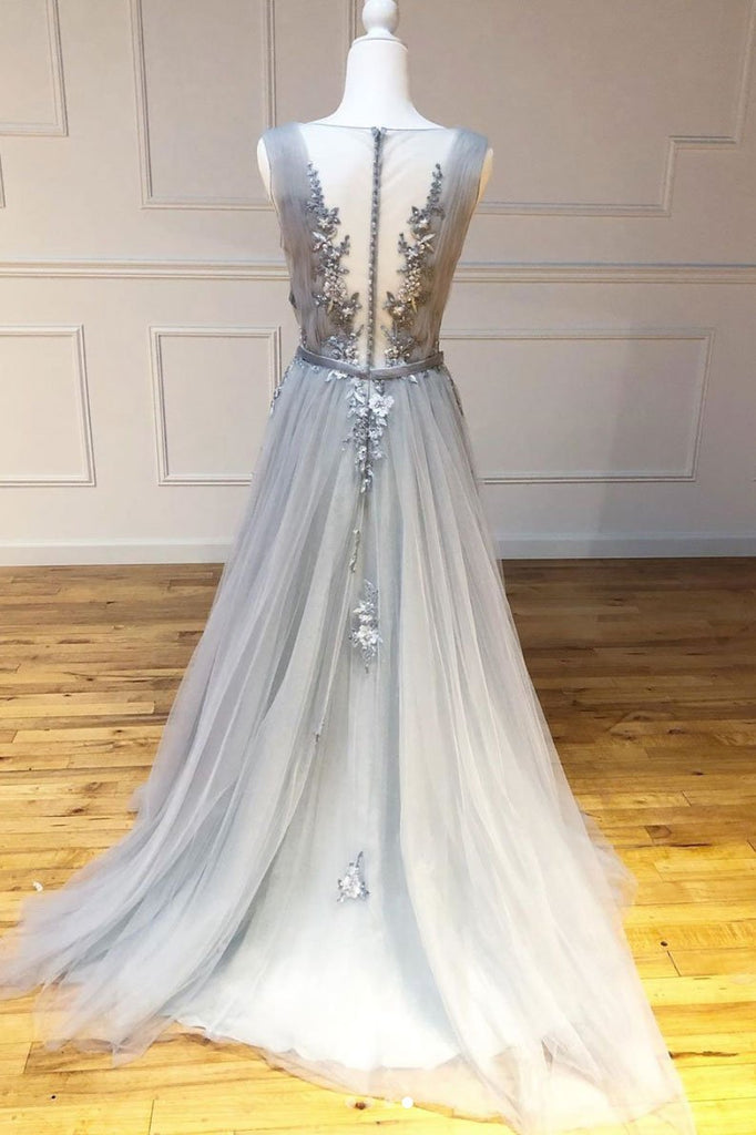 Gray A Line Round Neck Appliques Tulle Long Prom Dress Evening Dress ...