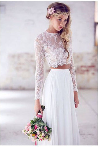 Two Pieces Long Lace Beach Elegant White Sexy Wedding Bridal Dresses