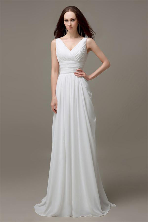 V-neck White Chiffon Long Simple Beach Wedding Dresses – Okdresses