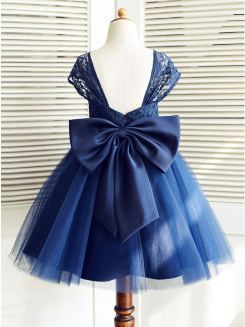 A-Line Square Neck Cap Sleeves Dark Blue Flower Girl Dress with Lace ...