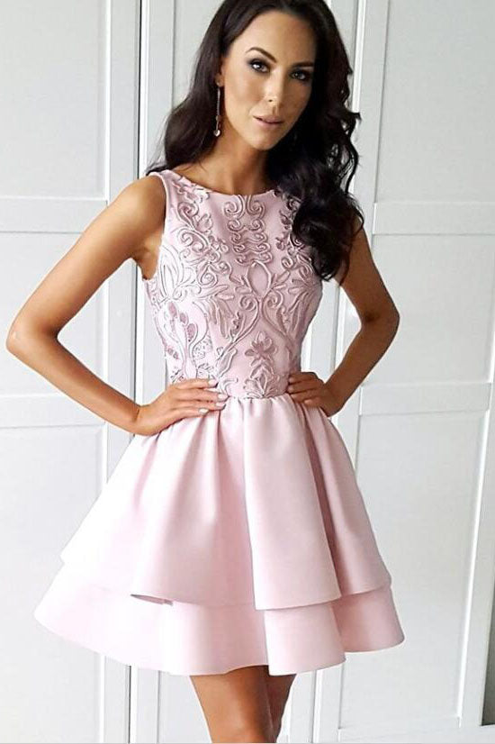 Pretty Bateau Short Pink Satin Homecoming Party Dresses with Appliques ...