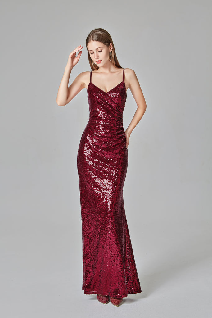 Burgundy Sequins Sheath Spaghetti Straps Prom Dresses XU90811 – Okdresses