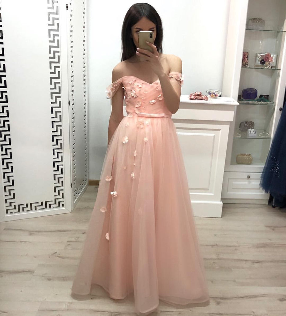 A Line Off the Shoulder Long Prom Dresses, Pleats Prom Gown With ...