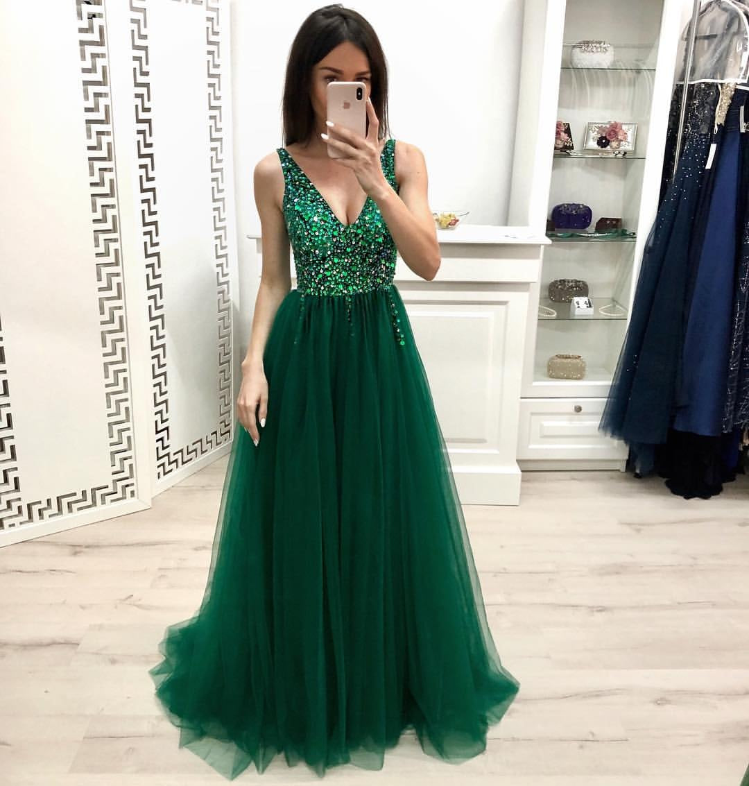 Fashion A Line V Neck Beading Prom Dresses, Long Tulle Green Prom Dress ...