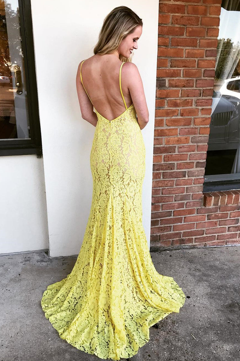 Spaghetti Straps Mermaid Yellow Lace Long Prom Dress With Slit Okl93 Okdresses 7640