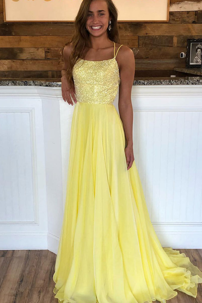 yellow a line prom dress