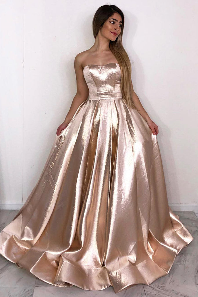 Strapless Rose Gold A Line Long Simple Prom Dress OKK86 Okdresses