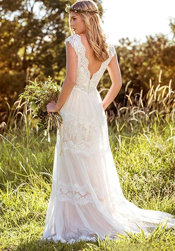 Bohemian A Line V Neck Lace Bridal Gown Simple Beach Wedding Dresses