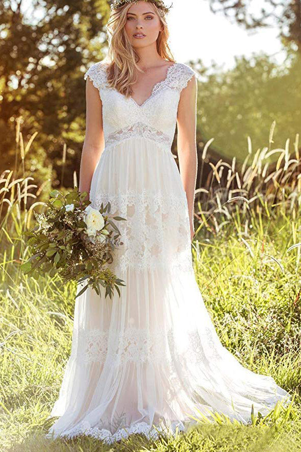 Bohemian A Line V Neck Lace Bridal Gown Simple Beach Wedding Dresses ...