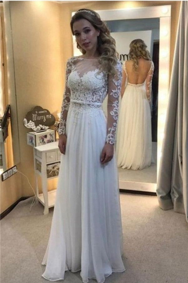 White Lace Chiffon Backless A Line Long Prom Dresses With Sleeves Okdresses 6392