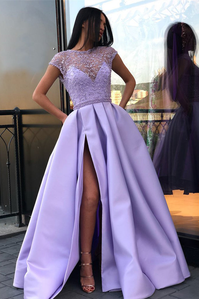 Light Purple A Line Satin Slit Cap Sleeves Prom Dresses With Pockets