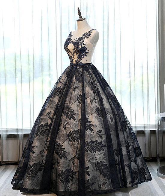 2018 Ball Gown Black Lace Long Prom Dresses With Applique – Okdresses
