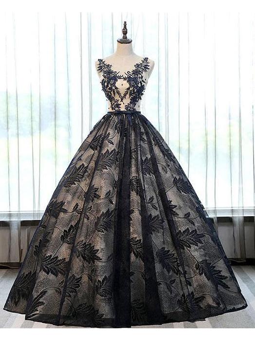 2018 Ball Gown Black Lace Long Prom Dresses With Applique – Okdresses