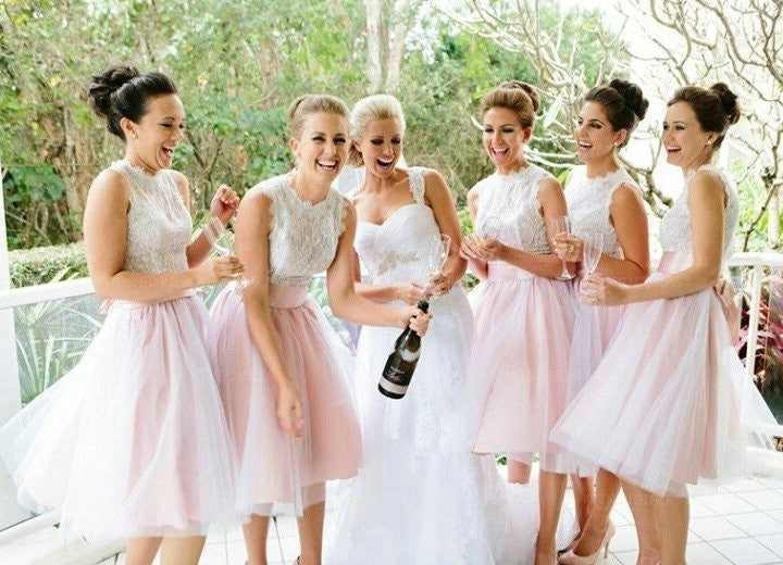 A Line Light Pink Tulle Knee Length Bridesmaid Dress With Lace Okg64 Okdresses 4997