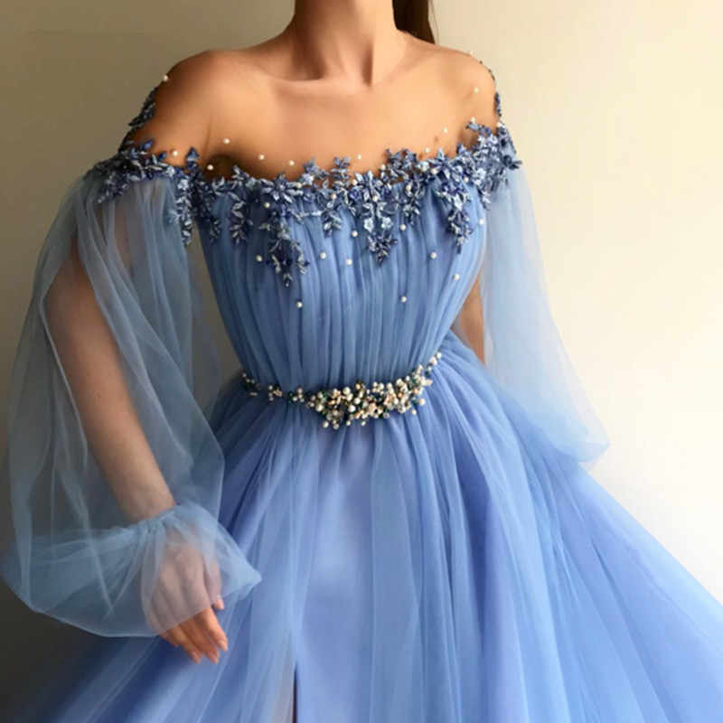 Elegant Blue Long Sleeves Off The Shoulder Beaded Crystal Side Slit Prom Dresses Okc78 Okdresses 9148