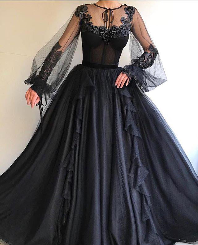 Black Long Aline Tulle Prom Dress, Long Sleeves Modest Evening Gown O