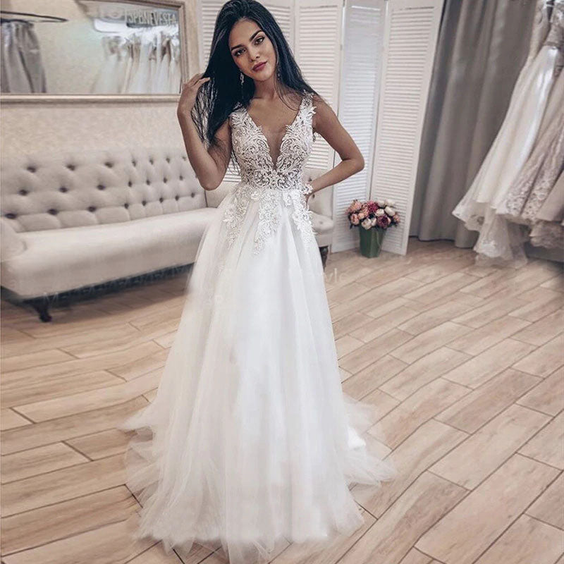 V-neck Appliques Illusion Long Bride Dress A Line Tulle Backless Beach ...