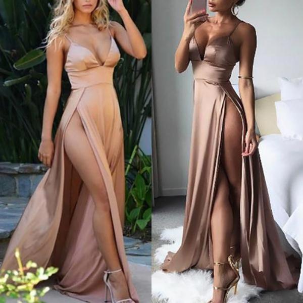 A Line Spaghetti Straps Sexy Slit Prom Dresses Cheap Long Evening