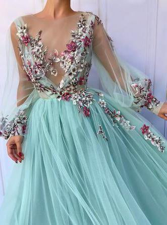 Princess Scoop Floral Appliques Long Puffy Sleeves Prom Dress OKI31 ...