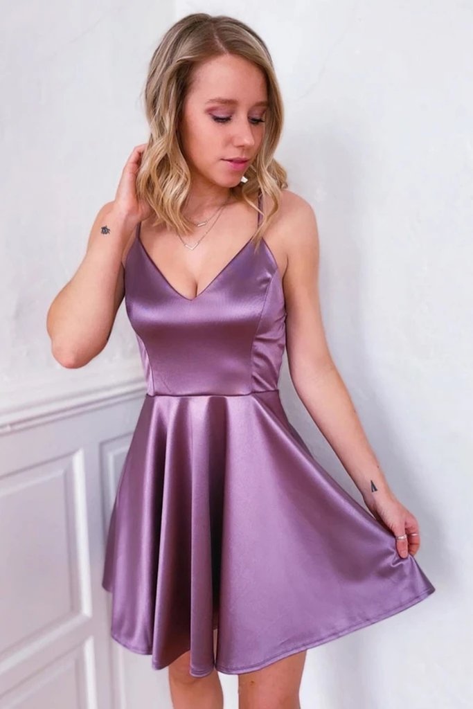 Cute V Neck Purple Short Prom Dress A Line Satin Dress, Gra