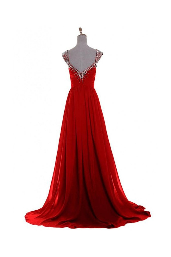 V Neck A Line Red Backless Chiffon Prom Dresses K625