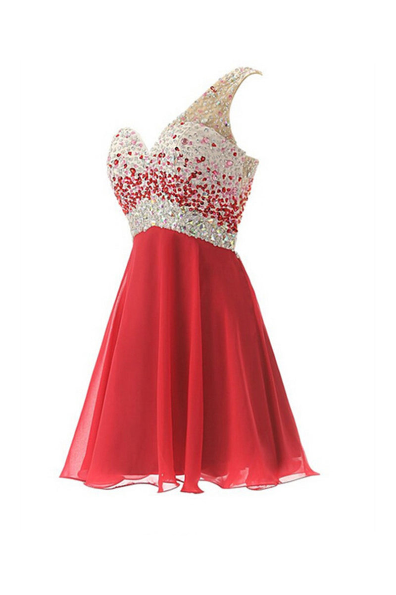 One Shoulder Red Chiffon Beaded Short Prom Dresses ED0671 – Okdresses