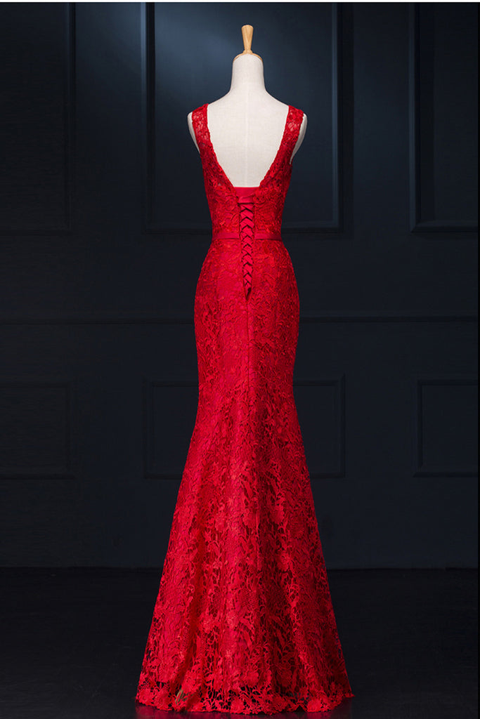 Sexy Red Lace Long Mermaid Backless Prom Evening Dress Okdresses 9736