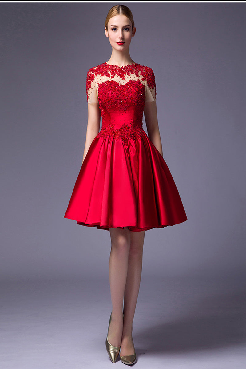 Cap Sleeves Beaded Red Lace Homecoming Cocktail Dress ED0714 – Okdresses
