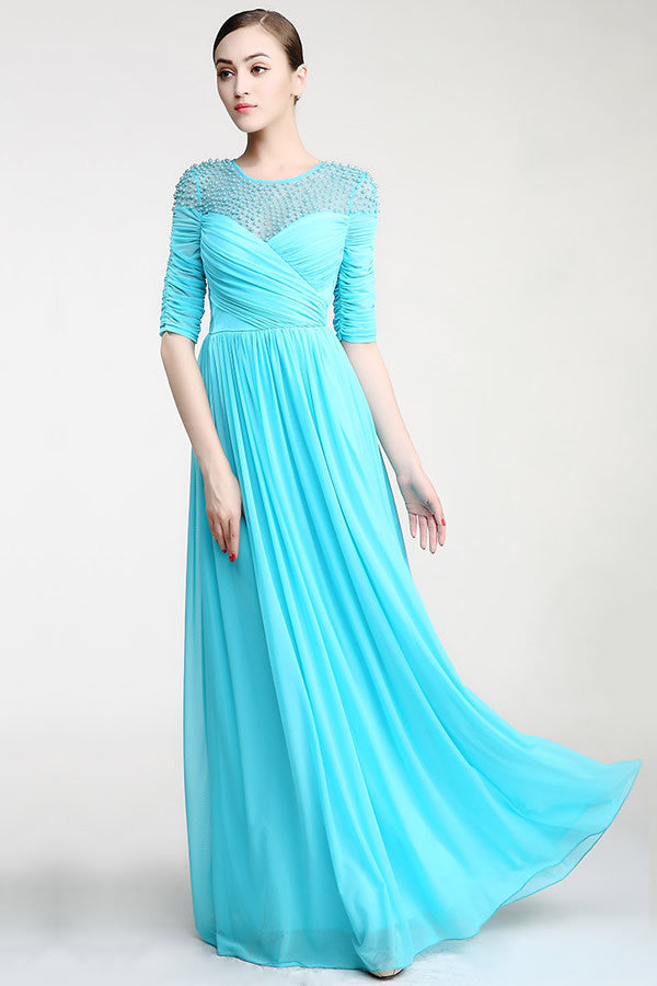 Nice Light Sky Blue Chiffon Half Sleeves Prom Dresses – Okdresses