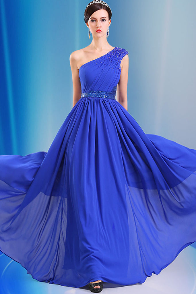 One Shoulder Chiffon Long Royal Blue Prom Dress