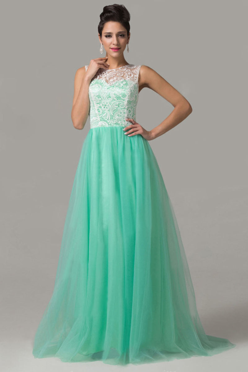 Cap Sleeves Mint Green Lace Long Prom Dresses ED0861 – Okdresses