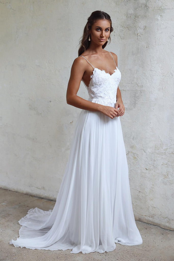 Beautiful A Line Lace Long White Spaghetti Straps Beach Wedding Dress Okdresses 2541