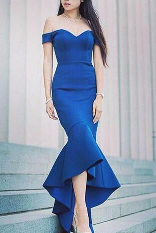off shoulder royal blue gown