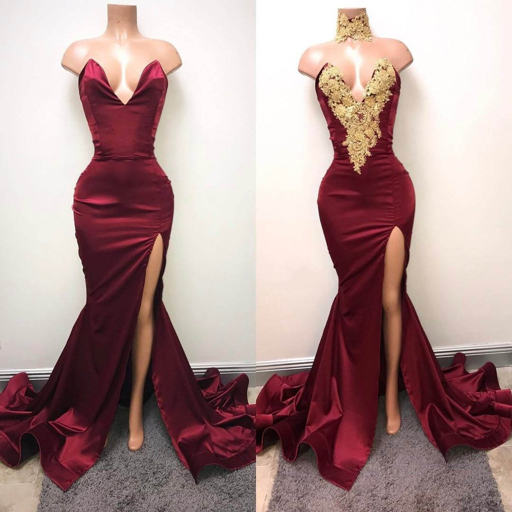 Elegant Burgundy Mermaid Appliques High Neck Split Sexy Prom Dress Okdresses 6217