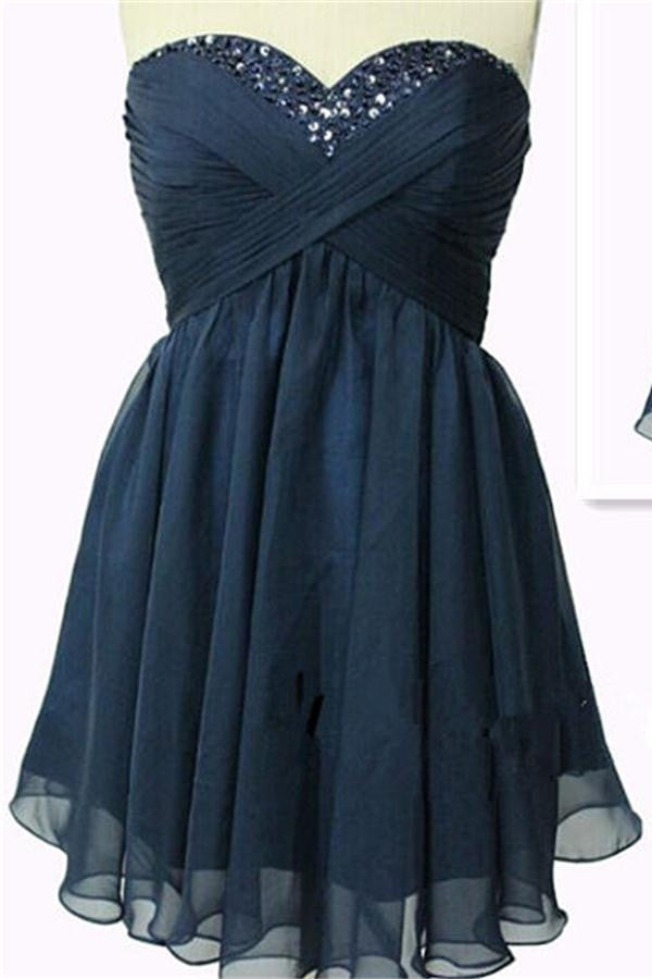 Strapless Navy Blue Chiffon High Low Short Prom Dresses – Okdresses