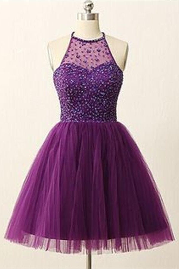 Purple Beaded Modest Halter Homecoming Graduation Dresses – Okdresses