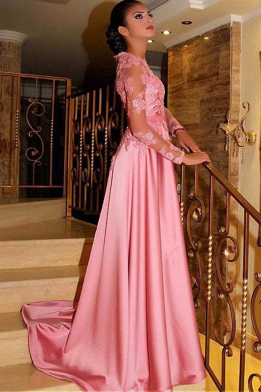 Satin Jewel A-Line Long Sleeves Pink Prom Dresses With Lace Appliques ...