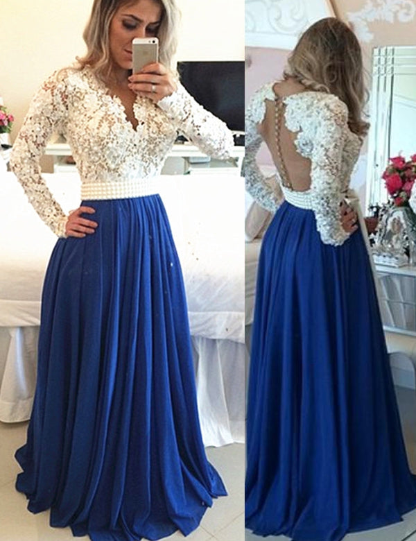 Long Sleeves Lace A-line Royal Blue Chiffon Beaded Prom Dresses – Okdresses