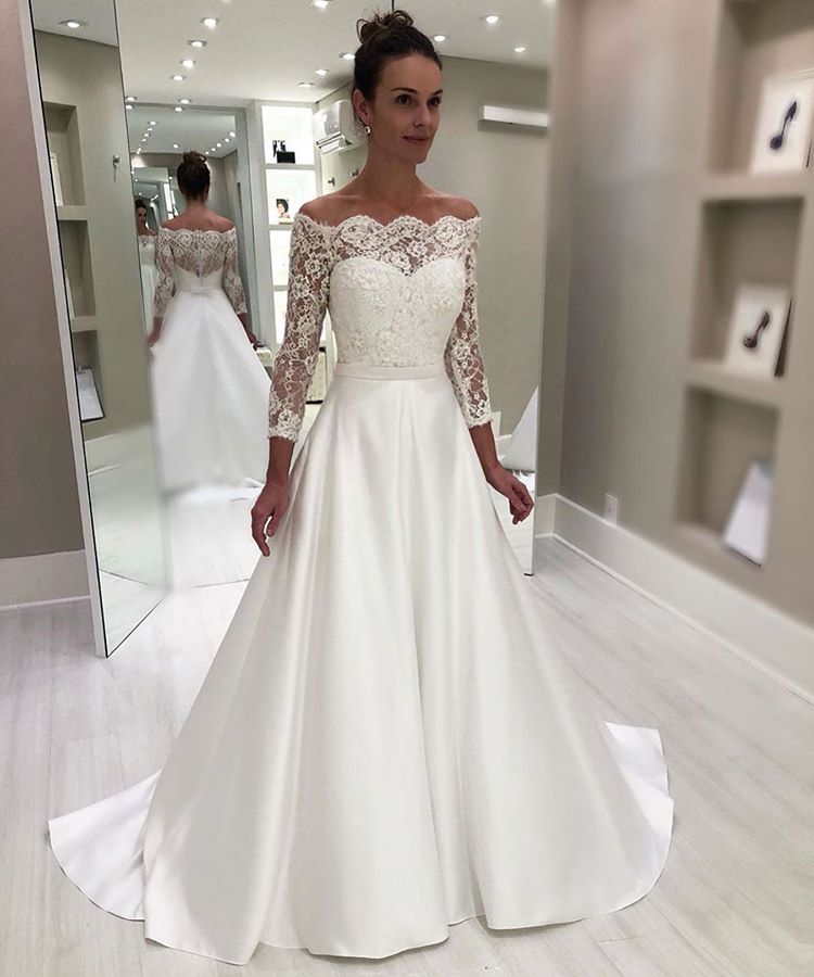 A-Line V-Neck Long Sleeves White Floor Length Prom/Wedding Dress ...