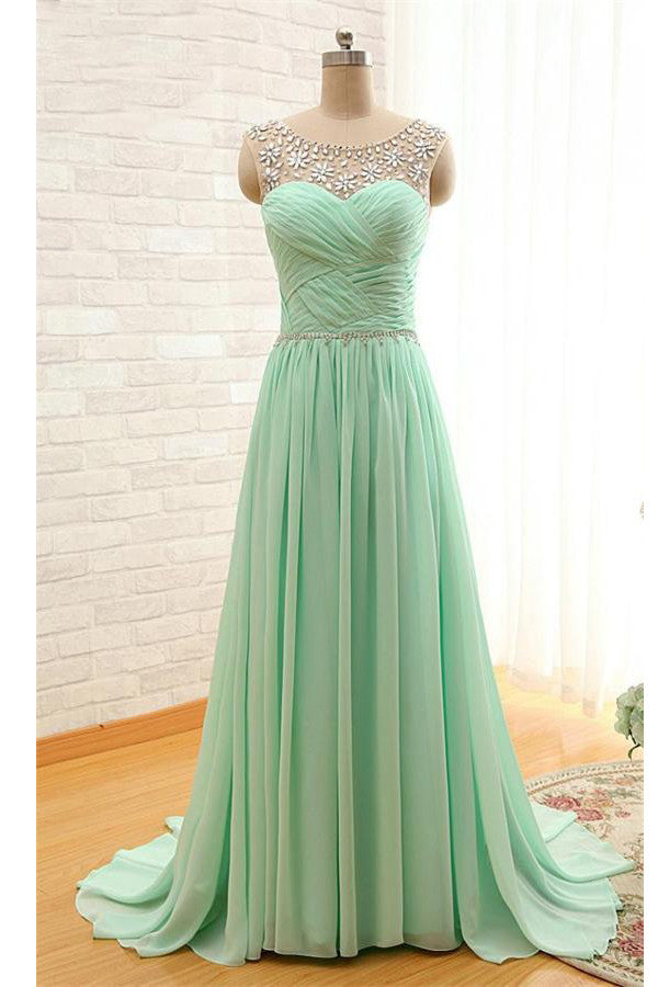 Mint Beaded Charming Backless Cheap Long Prom Dresses – Okdresses